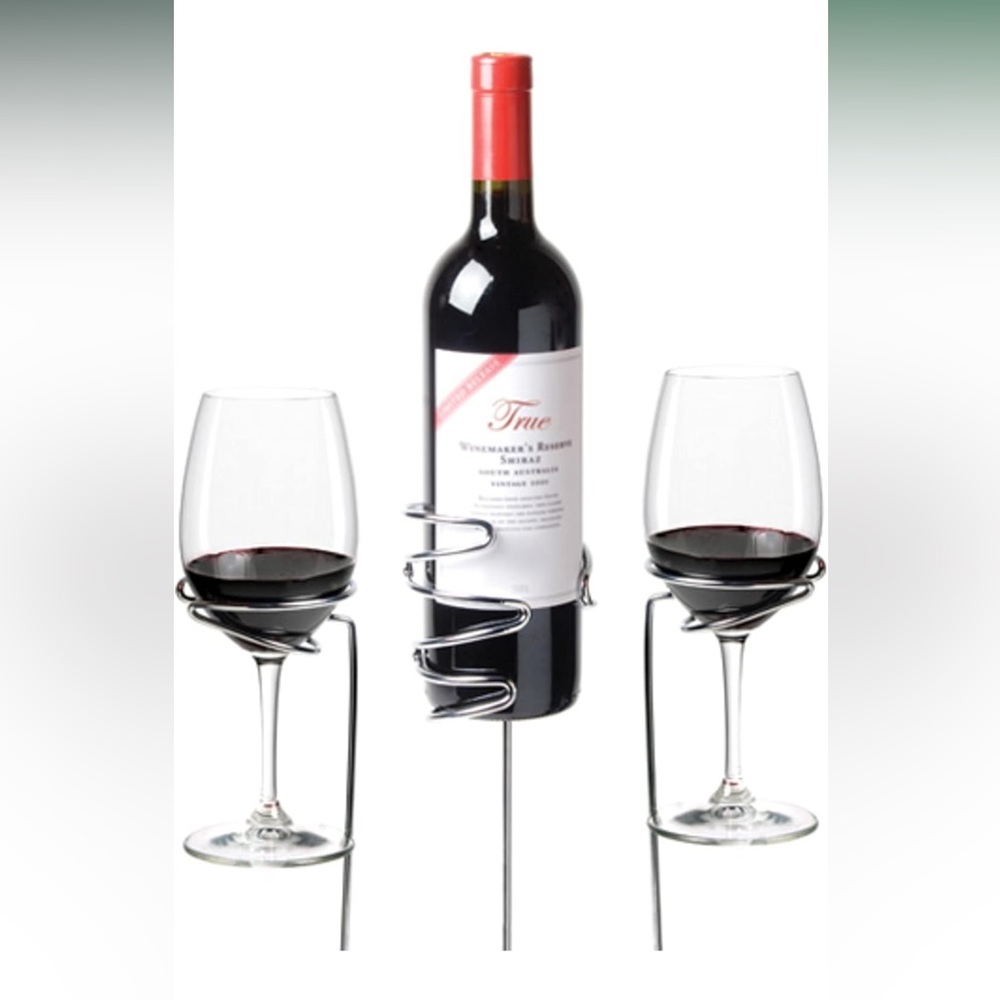 True Stix Chrome Outdoor Drink Holder Stakes Fits 2 Wine Glasses & 1 Bottle.